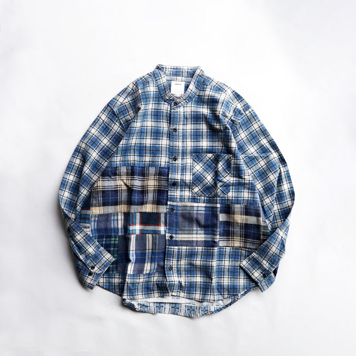 oddment CUSTUM STAND COLLAR NEL SHIRT -BLUE