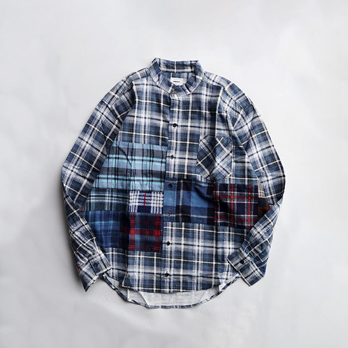 oddment CUSTUM STAND COLLAR NEL SHIRT -BLUE