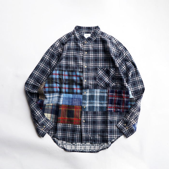 oddment CUSTUM STAND COLLAR NEL SHIRT -BLUE