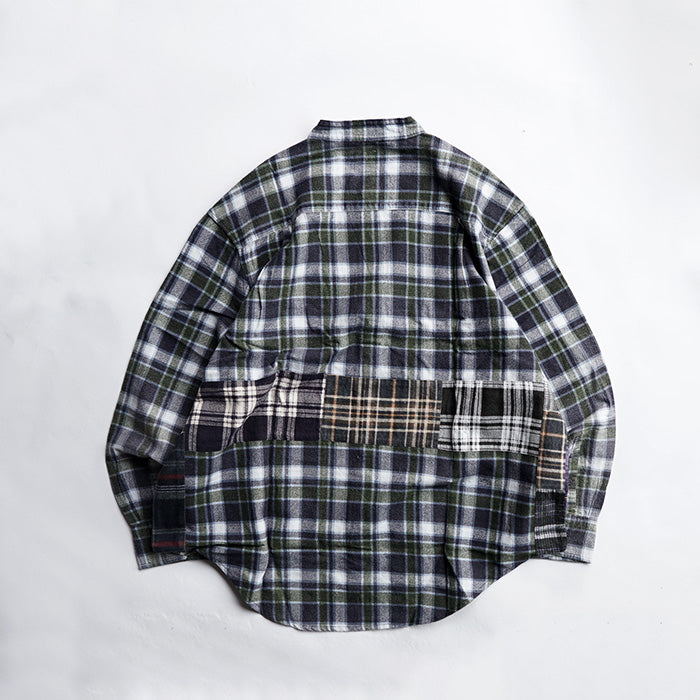 oddment CUSTUM STAND COLLAR NEL SHIRT -BLUE