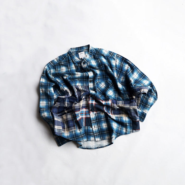 oddment CUSTUM STAND COLLAR NEL SHIRT -BLUE