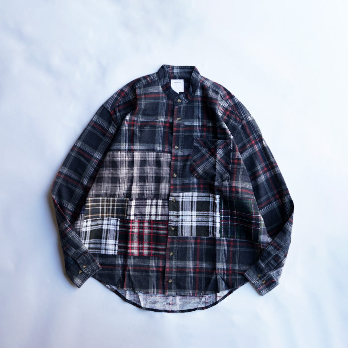 oddment CUSTUM STAND COLLAR NEL SHIRT -BLACK
