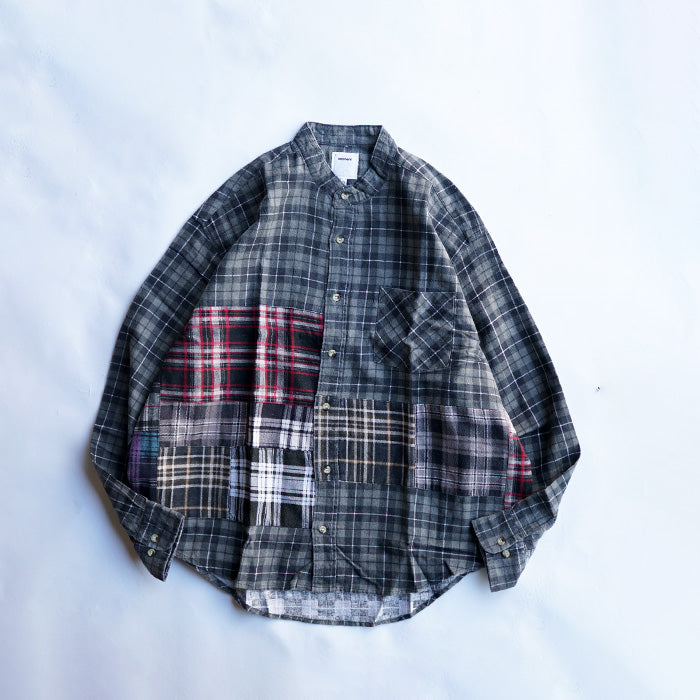 oddment CUSTUM STAND COLLAR NEL SHIRT -BLACK